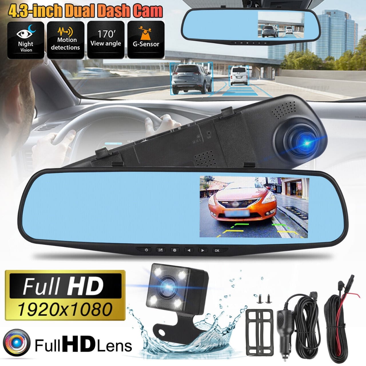 Vehicle Blackbox DVR with Full 1080 HD Touch Screen Rear View Camera